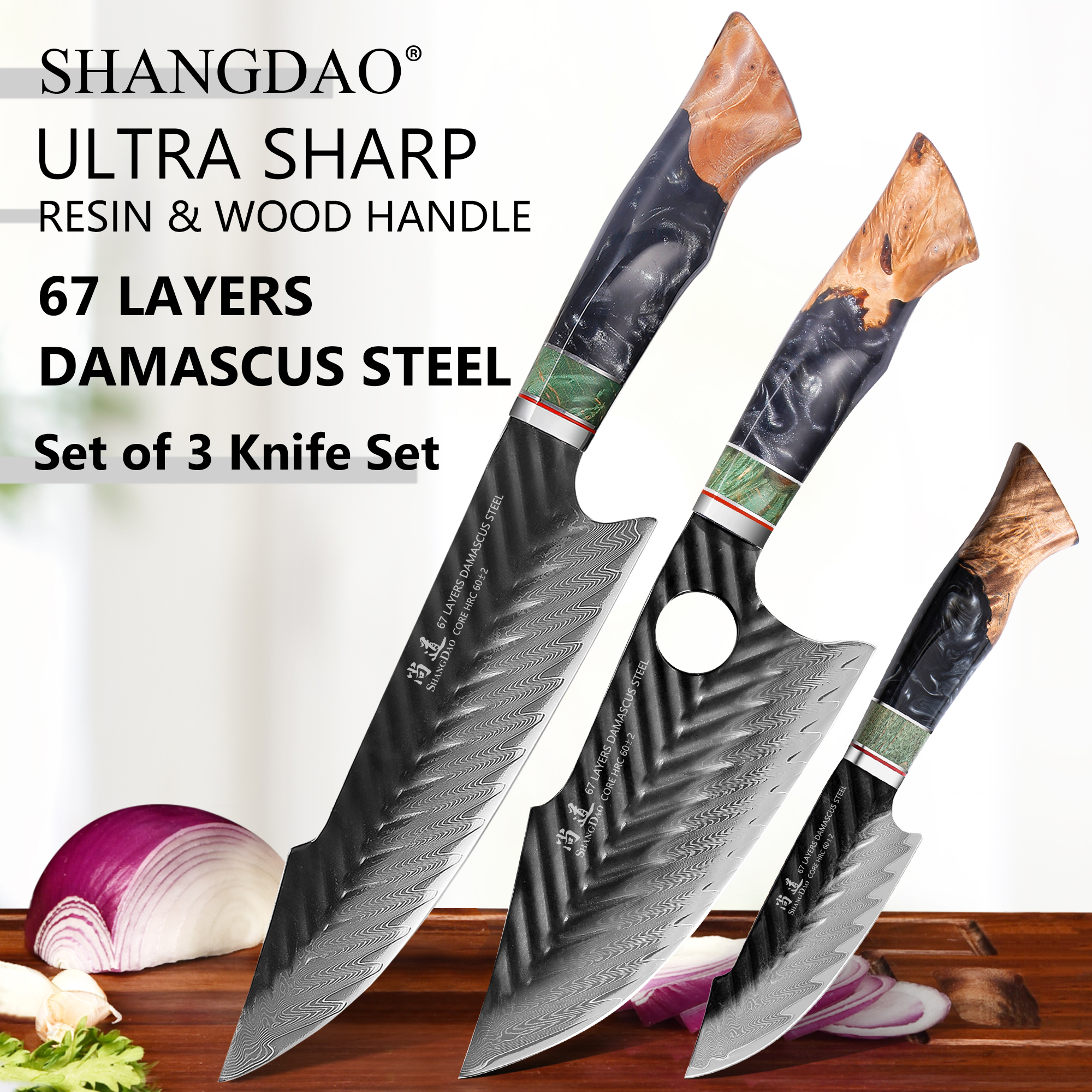 SHANGDAO 3PCS 67 Layers Damasc - High Tech Kitchen Accessories avaliação e preço